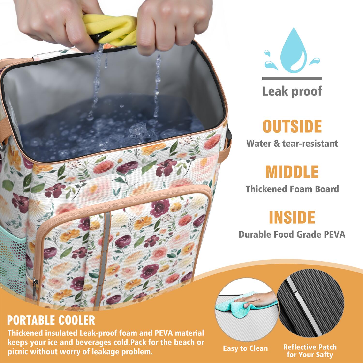 Travel Cooler Bag - Pioneer Flower Floral Print Pattern Camping Beer Cooler Backpack with Bottle Opener- Waterproof Insulated Picnic Backpacks - Cooler Bag for Beach