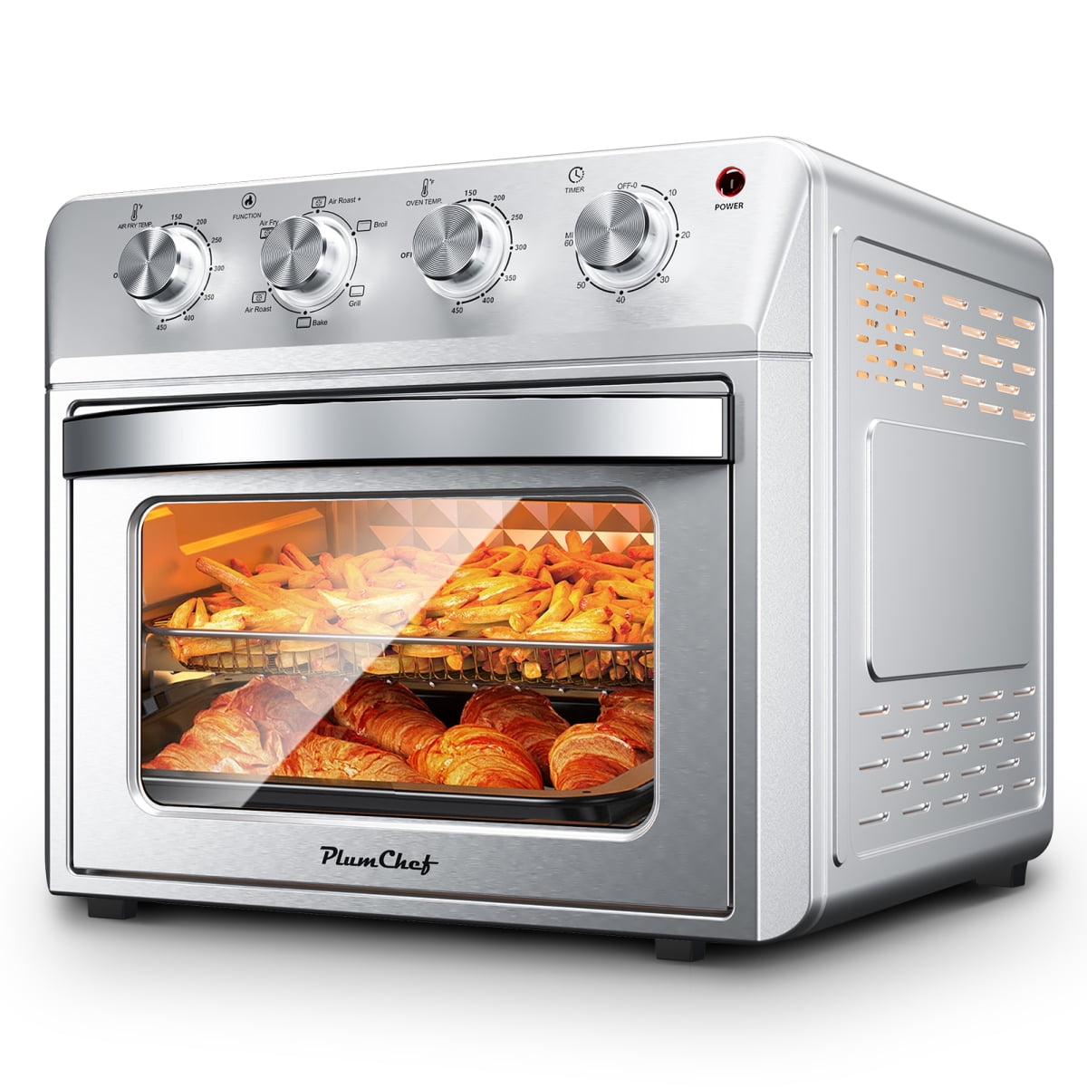 TENGDA 275QT 6 In 1 Air Fryer Oven Silver Stainless Steel Countertop Convection Oven 1600W 4 Knob Control Multi Function Air Fry Bake Broil Toast Warm Dehydrate Family Size Appliance