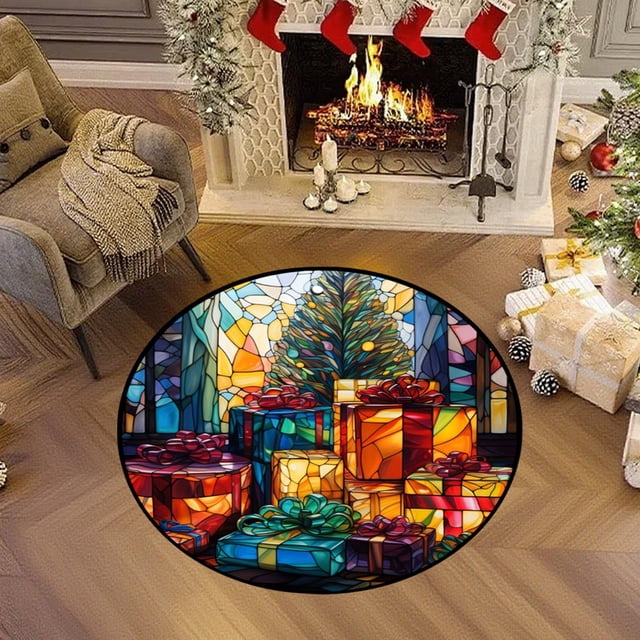 Linnome Festive Round Christmas Area Rug 40cm, Christmas Themed Living Room Carpet for Bedroom, Sofa and Coffee Table Accent Decor