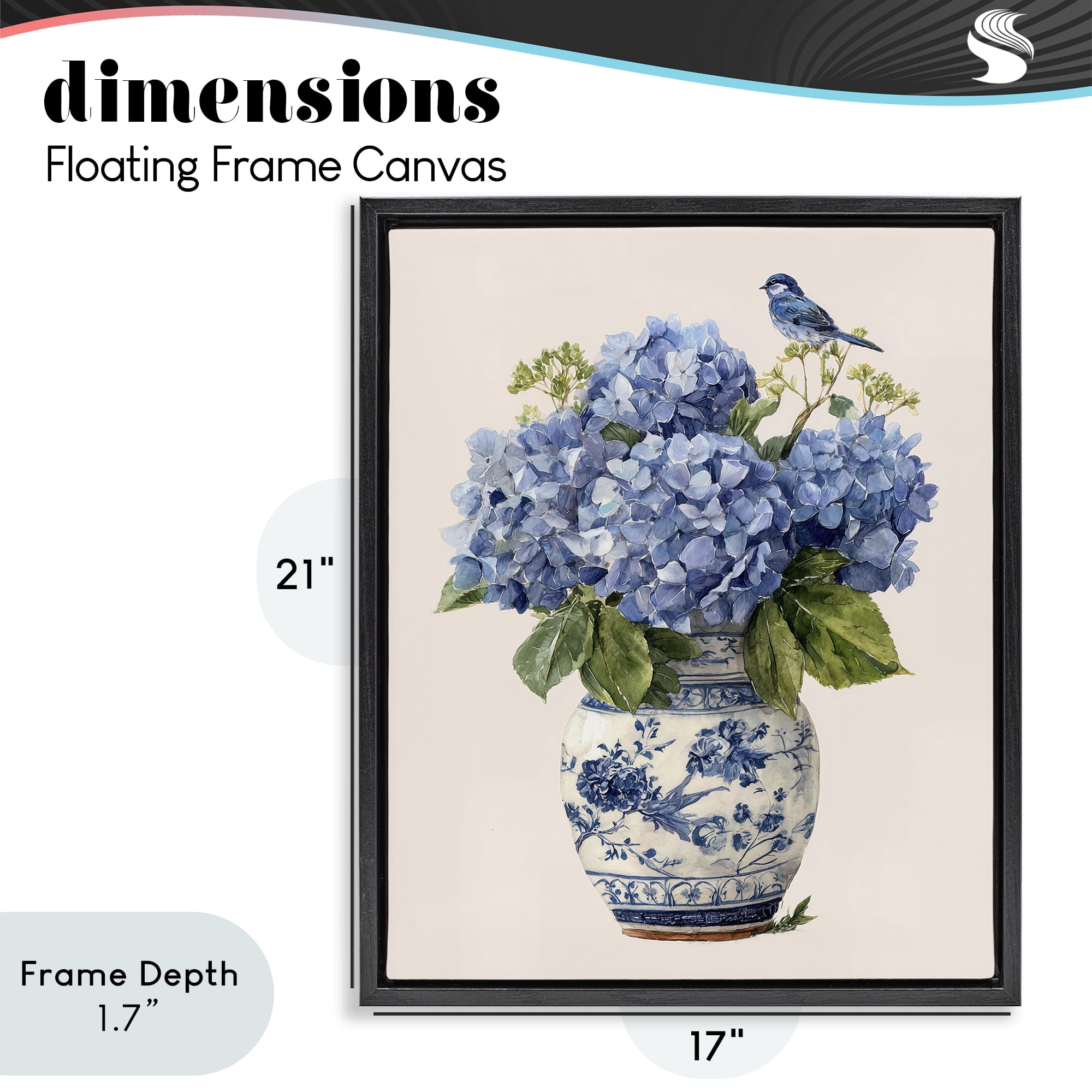 Stupell Industries Songbird Perched on Hydrangeas Black Framed Floater Canvas Wall Art, design by Imagine It Images