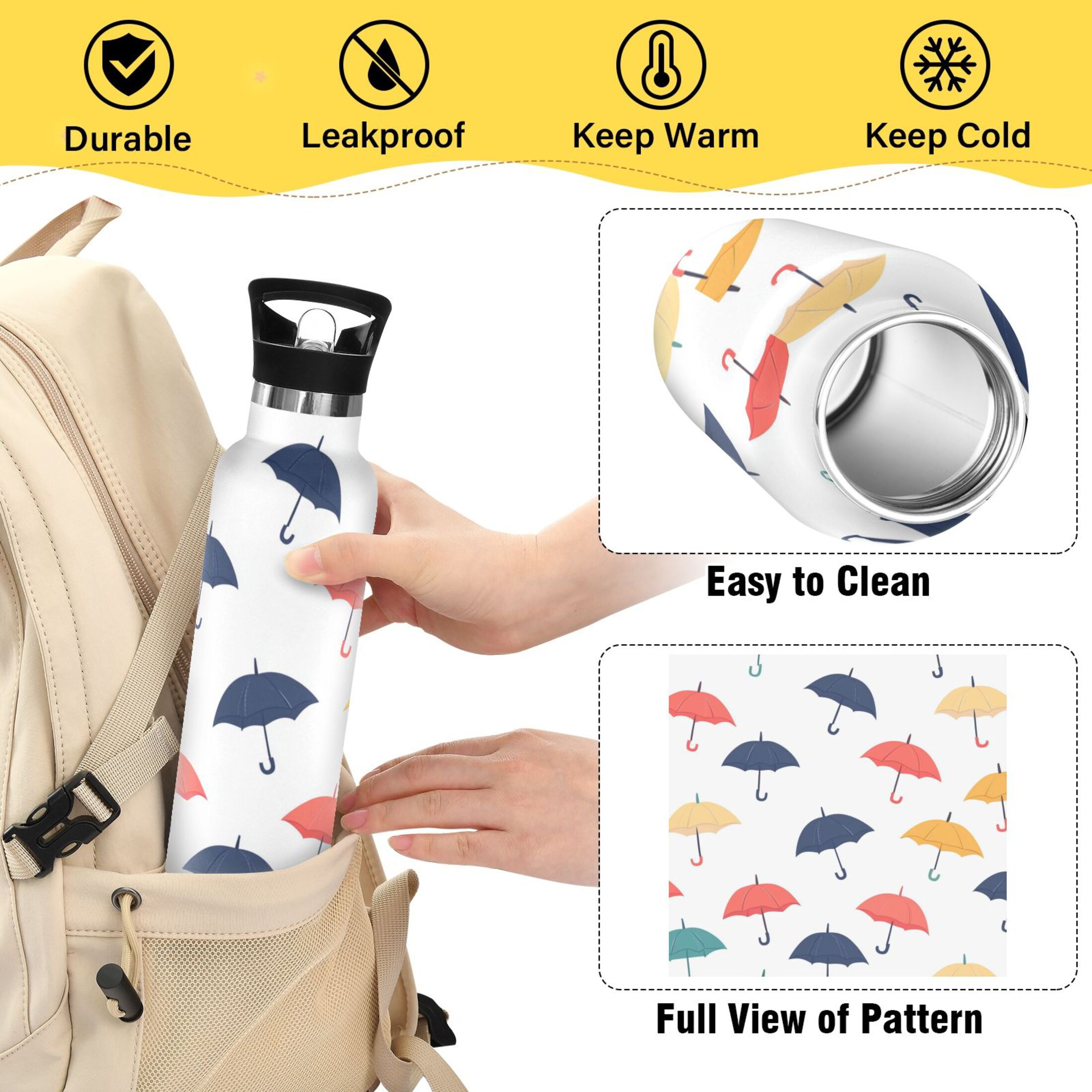 Kids Insulated Stainless Steel Sports Water Bottle 600ml (20oz) Colorful Umbrellas Pattern