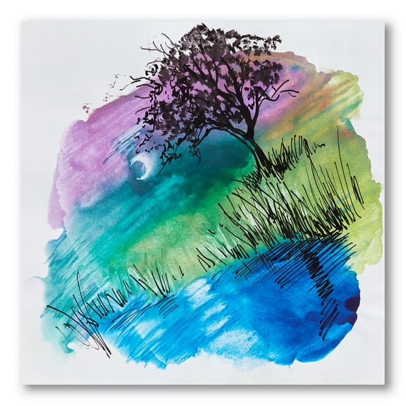 Designart ' Rainbow Silhouette Of Tree On The Riverbank At Night ' Modern Canvas Wall Art Print