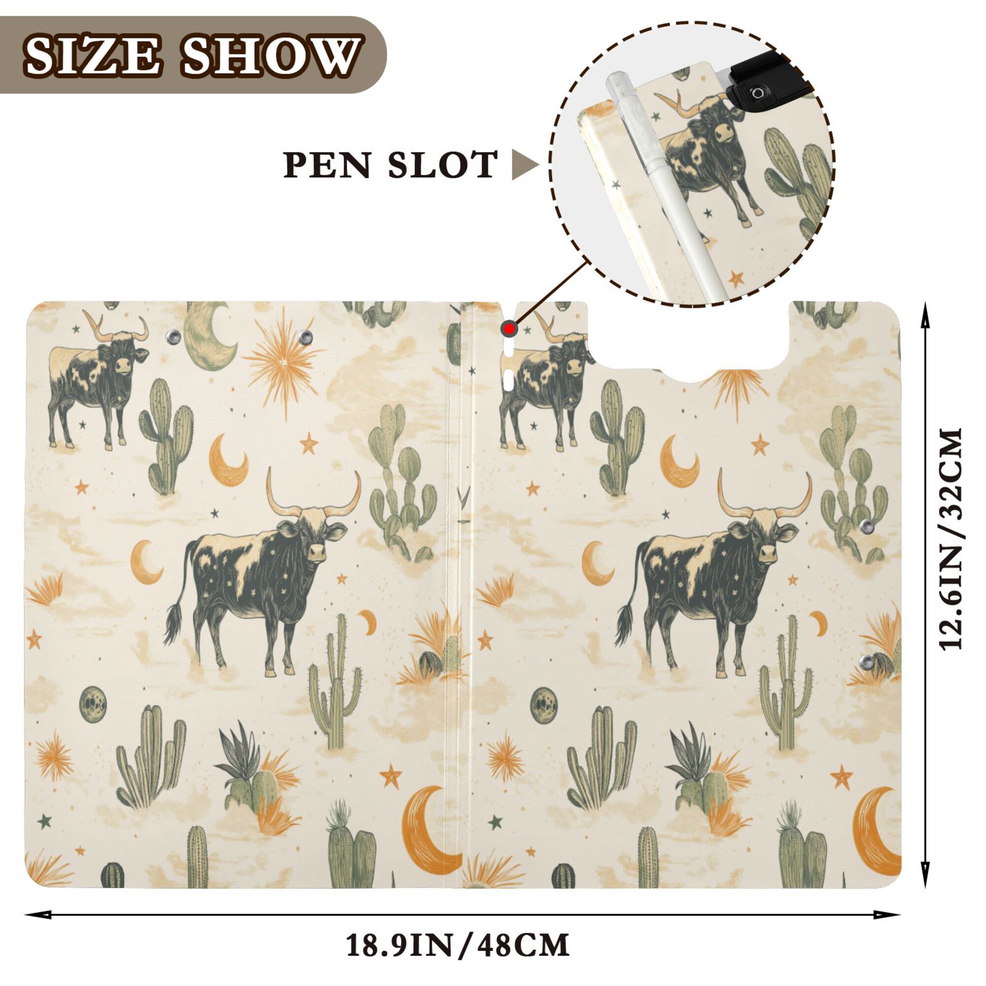 FORMRS A4 Clipboard Folder with Pen Holder Horizontal Foldable School Office Binder, Cowboy Pattern