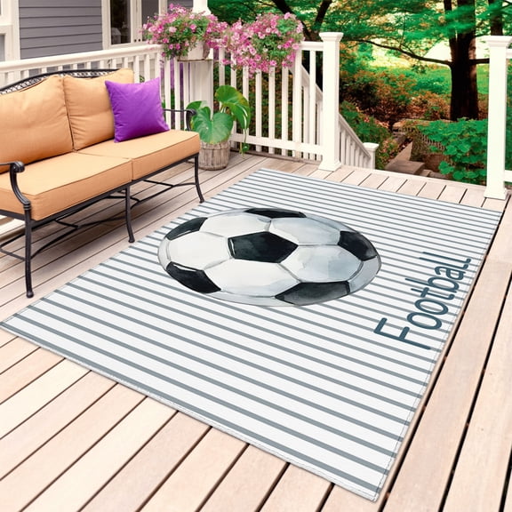 Circle Footballs Striped Outdoor Rug for Patio/Deck/Porch, Non-Slip Large Area Rug 3 x 5 Ft, Black White Stripes Geometric Indoor Outdoor Rugs Washable Area Rugs, Reversible Camping Rug Carpet Runner