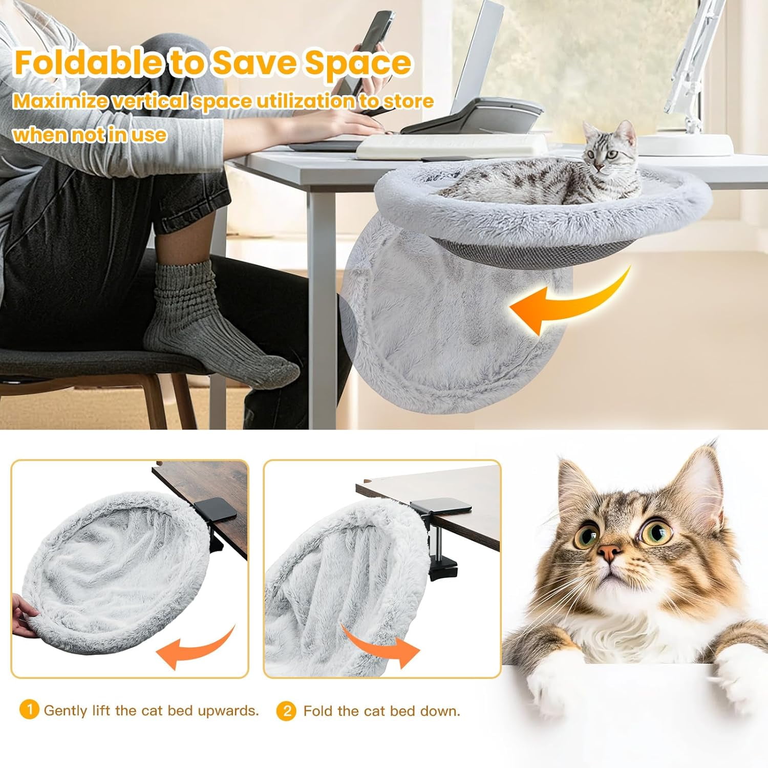 Pawaboo Cat Desk Bed, Sunken Cats Hammock with Steel Clamp Hold up to 40lbs, One-click Foldable Cat Side Table Beds with Soft Plush, Reversible & Washable Hanging Cats Bed for Game Office Home Deskto