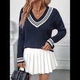 thumbnail image 4 of Suéteres Holgados con Cuello en V para Mujer, Jersey de Punto de Larga, Suéter Grueso A Rayas, Blusas Casuales Tipo Túnica. Azul Marino M, 4 of 10
