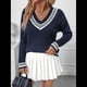 thumbnail image 4 of Suéteres Holgados con Cuello en V para Mujer, Jersey de Punto de Larga, Suéter Grueso A Rayas, Blusas Casuales Tipo Túnica. Azul Marino S, 4 of 10