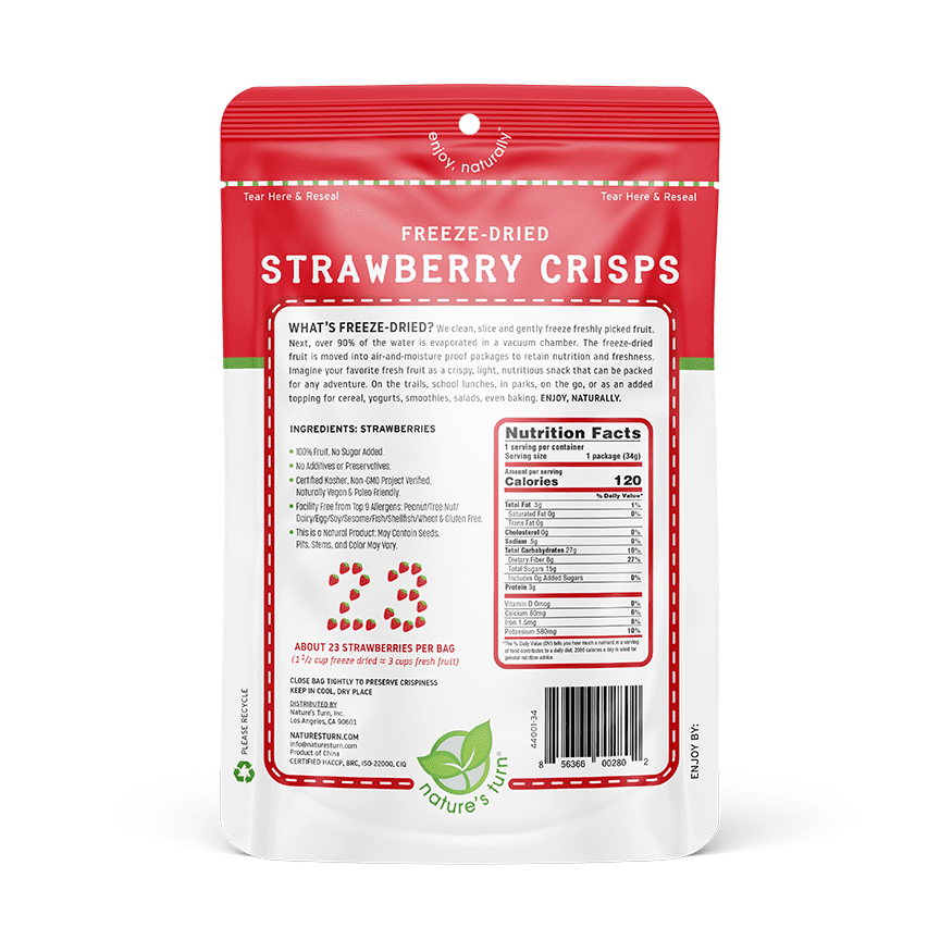 Nature’s Turn Freeze-Dried Strawberry Crisps, No Added Sugar, Healthy Natural Fruit Crisp Snack for School Lunches, 24 Pack (0.35 oz Each)