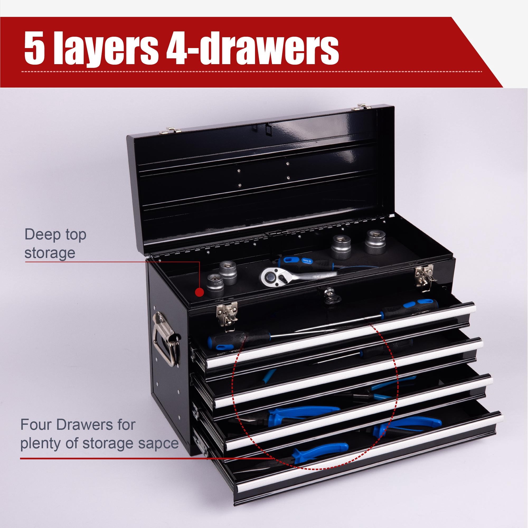 Aukfa Tool Box, 21 in Steel 4-Drawer Toolbox with Automatic Lock System for Garage, Black