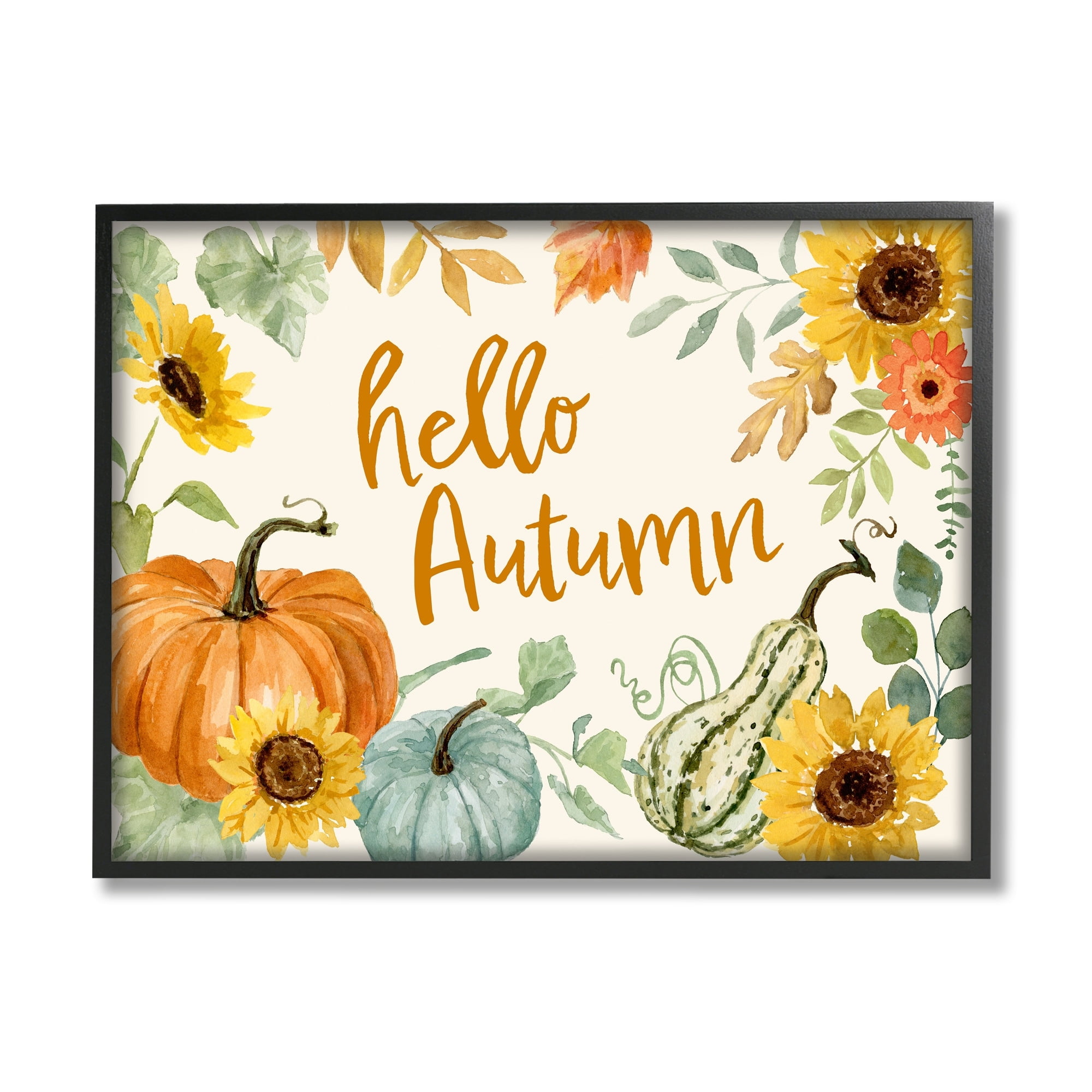 Hello Autumn Orange Calligraphy Fall Plants Border Botanical & Floral Graphic Art Framed Art Print Wall Art