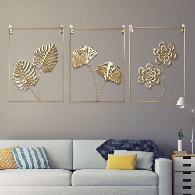 Juego de decoración de pared dorada de 3, 30x40 cm, línea abstracta moderna, hoja de ginkgo biloba de metal decorativa, escultura de pared para sala de estar y oficina