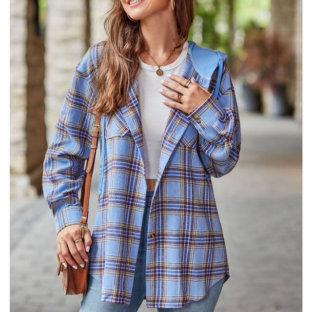 Women Long Sleeve Plaid Hooded Shirt Drawstring Button Up Shacket Jacket Chest Pockets Casual and Cozy