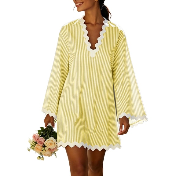 XuJwPNcy Womens Summer Dresses Long Sleeve Ruffle Hem Mini Dress V Neck Striped Loose Dresses Fashion Casual Outfits