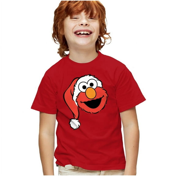 Sesame Street Christmas Santa Hat Elmo Face Kids T Shirt for Youth Boys and Girls, Red, Small