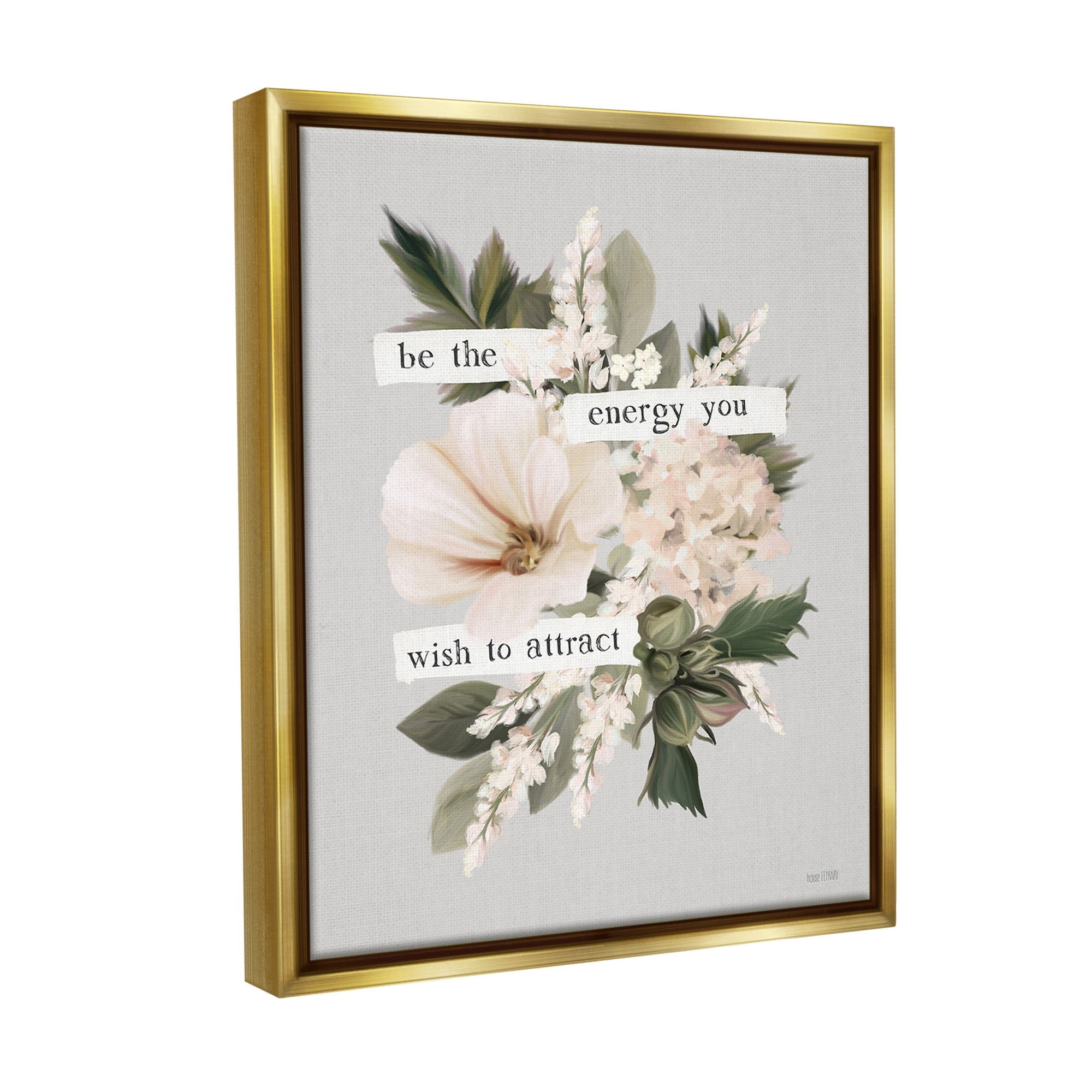 Stupell Industries Inspirational Be The Energy Botanical & Floral Painting Gold Floater Framed Canvas Art Print Wall Art, 17 x 21