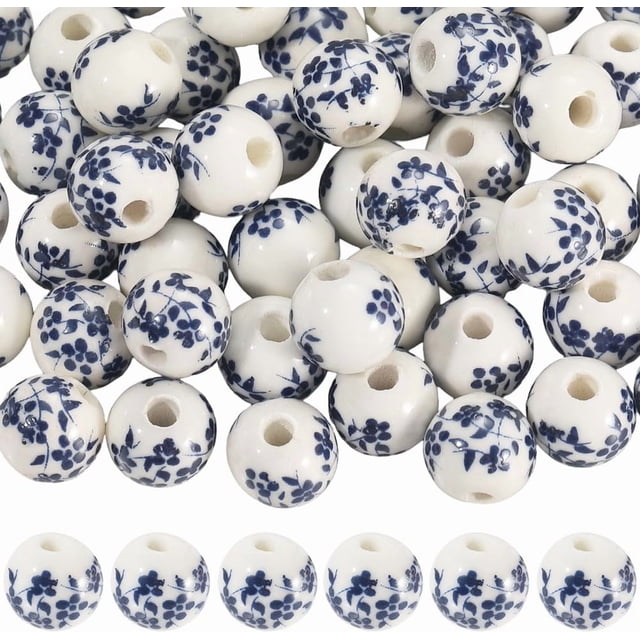 1 caja de 80 piezas de cuentas redondas de cerámica con forma de flor, de porcelana, a granel, de 10 mm, grandes, blancas y azules, con estampado floral, espaciadoras de resorte.