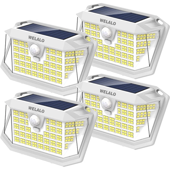 WELALO Solar Motion Sensor Lights Outdoor, [3 Modes/4 Pack/188 LED] 270° Wide Angle Lighting, Security Solar Powered Wall Lights, IP65 Waterproof Flood Lights for Fence Porch Yard Patio(White)