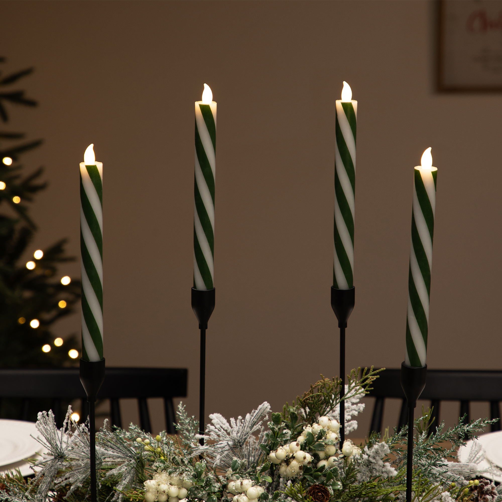 Northlight Candy Cane Striped Flickering Tapered Flameless Christmas Candles - 9.5" - Green and