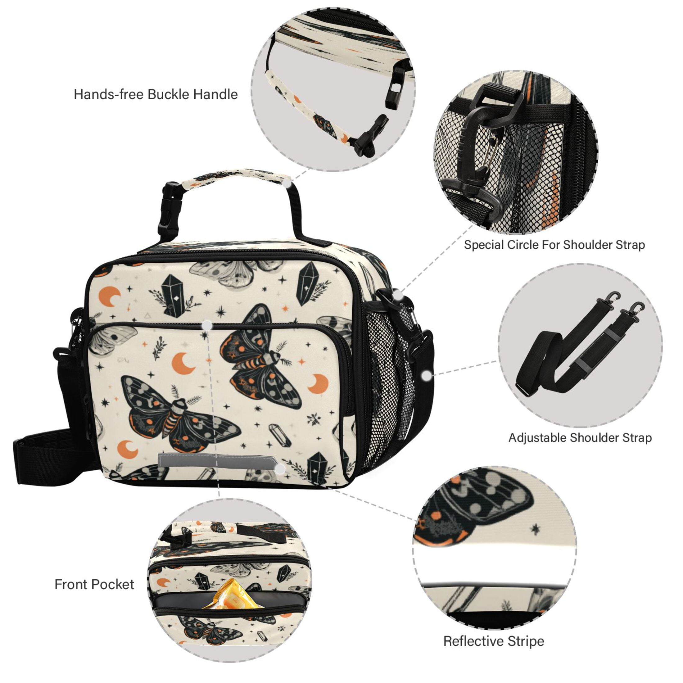 Insulated Lunch Bag 6L Leak-Proof Lunch Box with Shoulder Strap Multiple Pockets Lunch Tote Black and White Moths