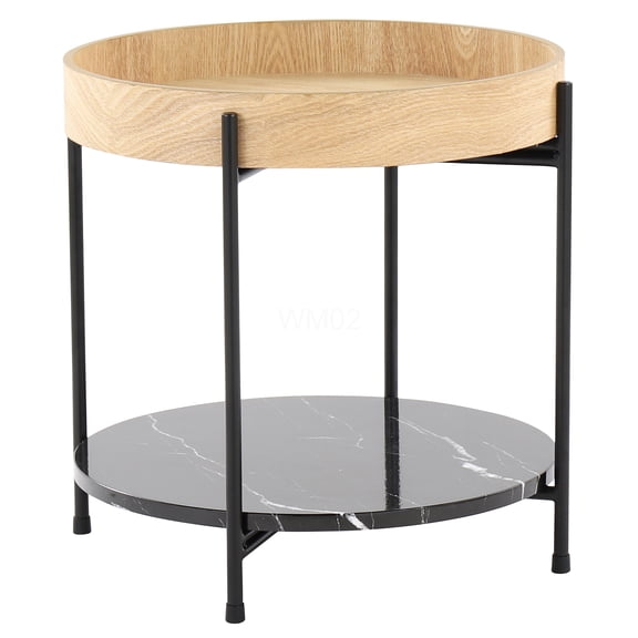 LumiSource Daniella Modern End Table, Black Metal Frame with Natural Wood Top and Faux Marble Shelf