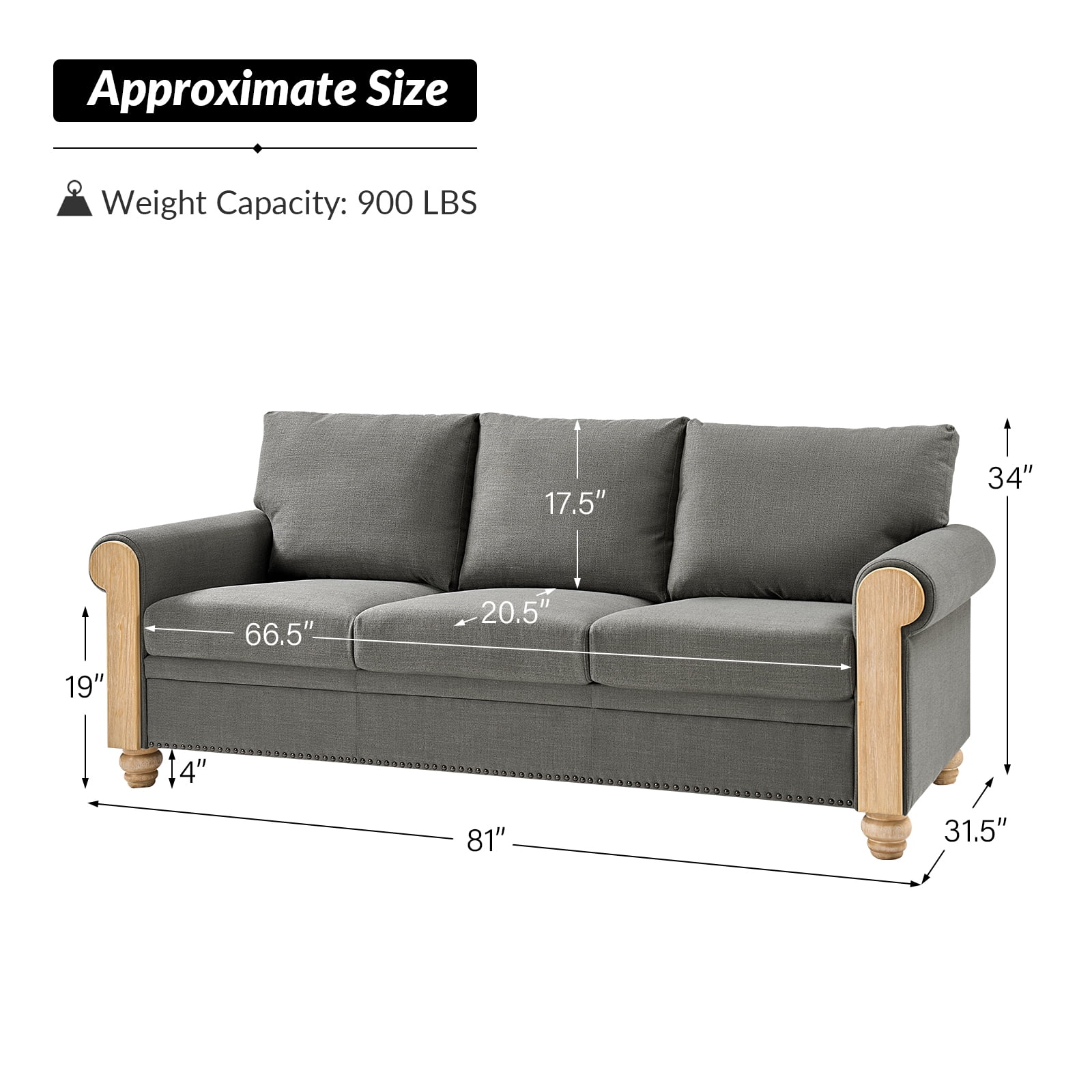 81" 3-Seater Farmhouse Sofa with Rolled Arms, Solid Wood Legs & Linen Upholstery for Living Room, Charcoal