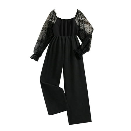 

EFGYYF Girls Rompers Baby Girl Bodysuit Girls Love Mesh Splicing Long Sleeve Casual Solid Color Fashion Jumpsuits Black 10-12 Years