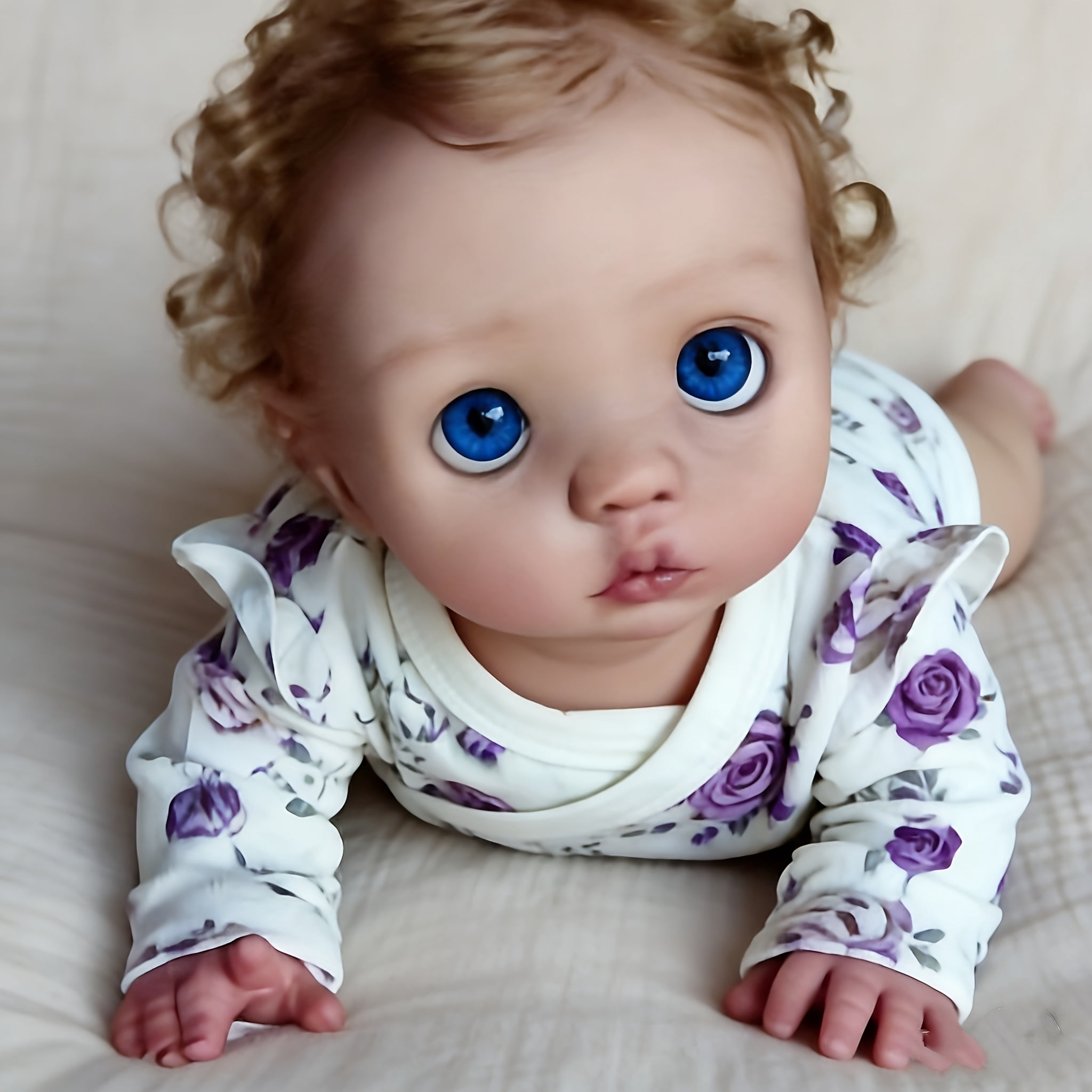 16 Inch Realistic Reborn Baby Doll, Cute Big Eyes Curly Hair Toddler Doll, Lifelike Soft Vinyl Baby Doll Gift For Girls