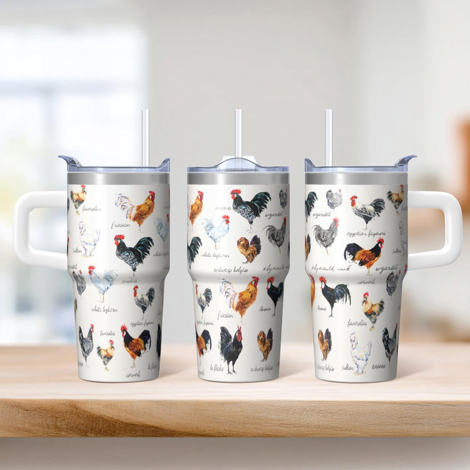 20oz Hen Chicken Tumbler with Handle Insulated Travel Mug Cool Birthday Christmas Gift for Chicken Lovers Women Men Cup Holder Friendly Wide Mouth for Ice Hot Tea Cold Water On the Go Trips