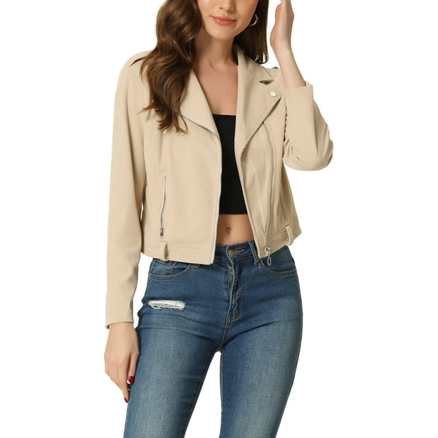 INSPIRE CHIC Women's Corduroy Notched Lapel Zip Up Motorcycle Jacket Beige M