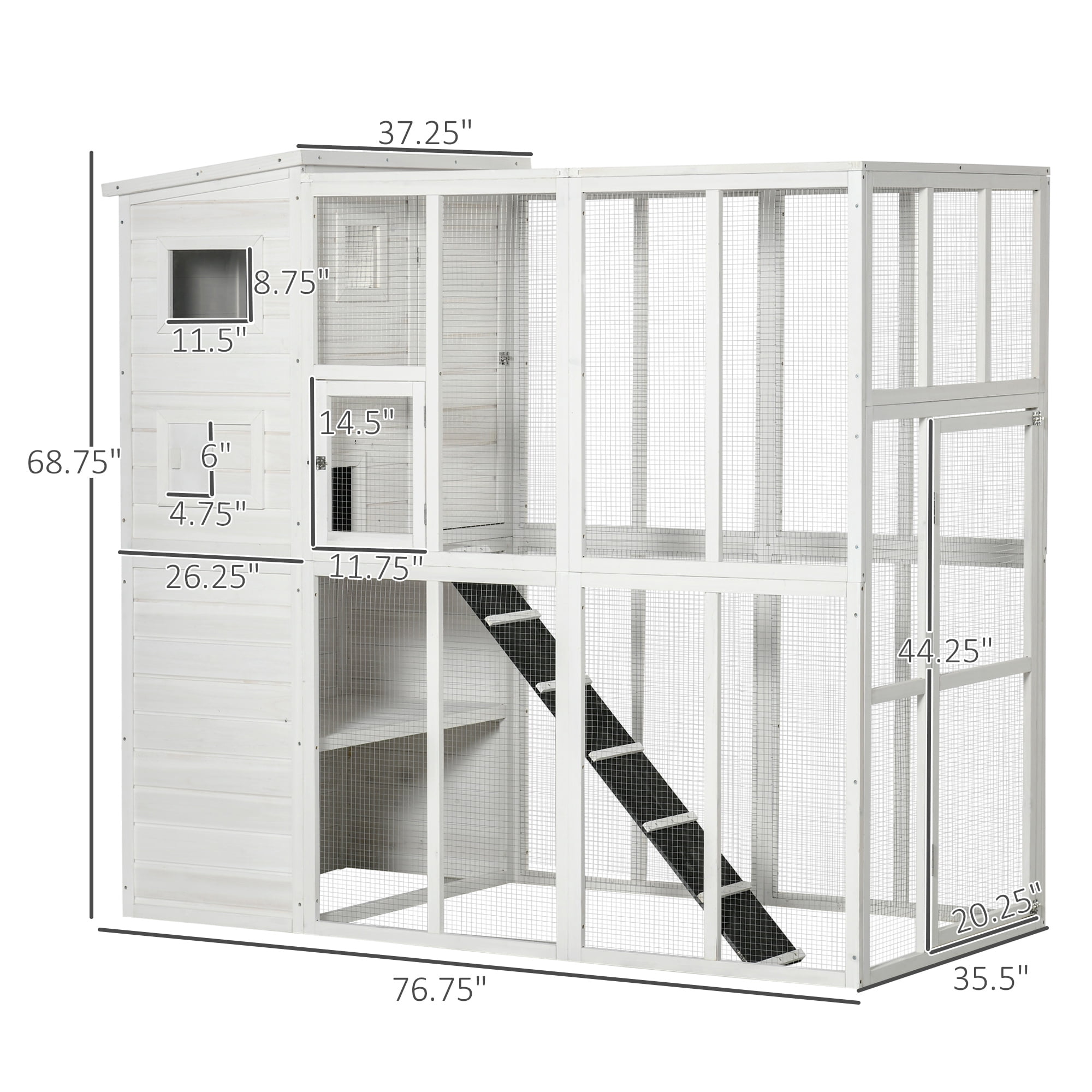 PawHut Large Wooden Outdoor Cat House Kitten Enclosure with Large Run, Asphalt Roof, Catio for Lounging, and Condo Area for Sleeping - 77"L, White