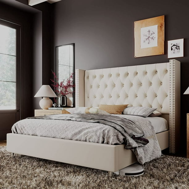 Jocisland King Bed Frame Upholstered Bed Wingback Headboard Velvet