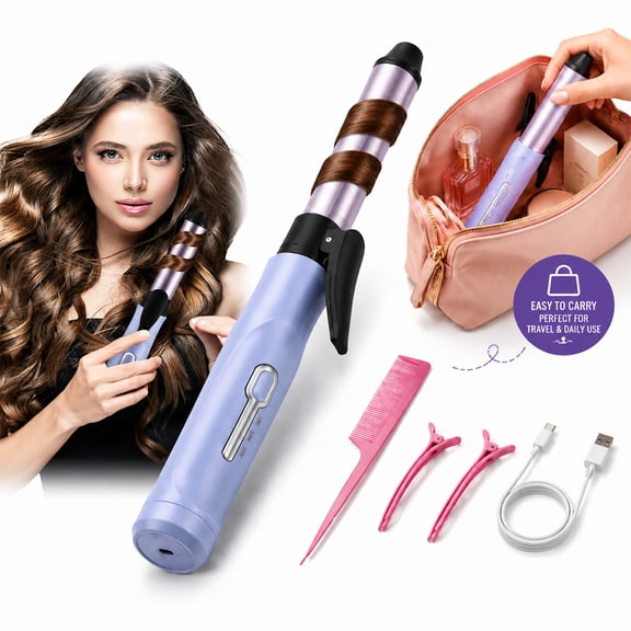 Soapow Cordless Curling Iron, Portable Travel Hair Curler Usb Rechargeable, Ceramic Curling Iron with 3 Temp Setting for Travel, All Hair, for Men and Women Purple