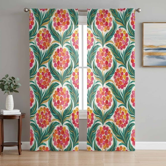 Spring Botanical Sheer Curtains 96 Inch Length 2 Panels Set, Abstract Watercolor Fruits Leaf Plant Voile Window Treatment Semi Sheer Long Curtains Drapes for Bedroom/Living Room/Kitchen 52"x96"x2