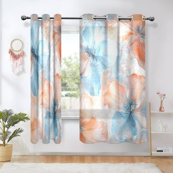 Orange Blue Flowers Blackout Curtains 63 inch Length 2 Panels Window Decoration Curtains for Bedroom Living Room