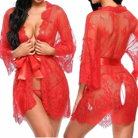 

Women Lace Night Dress Sleepwear Bandage Deep V G-String Sheer Sleep Dress