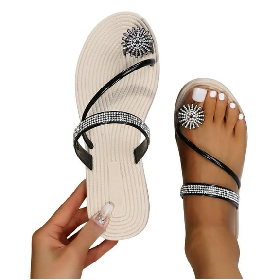 Women Summer Clip-Toe Shoes Rhinestone Flats Casual Beach Sandals