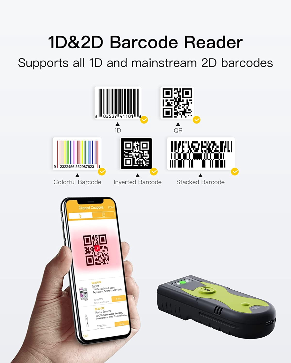 Bluetooth Scanner 2D Barcode Scanner 2.4Ghz USB Adapter, Screen Scanning, Exclusive Shortcuts, BCST-42
