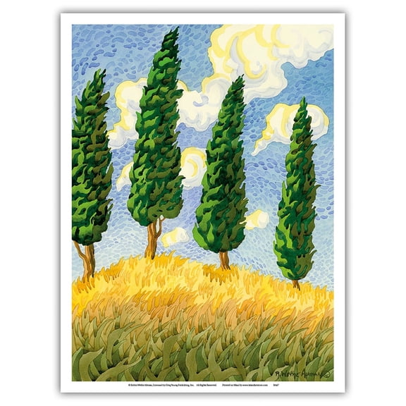 Touch the Sky - Tuscany Italy - Italian Cypress Trees - From an Original Watercolor Painting by Robin Wethe Altman - Master Art Print (Unframed) 9in x 12in