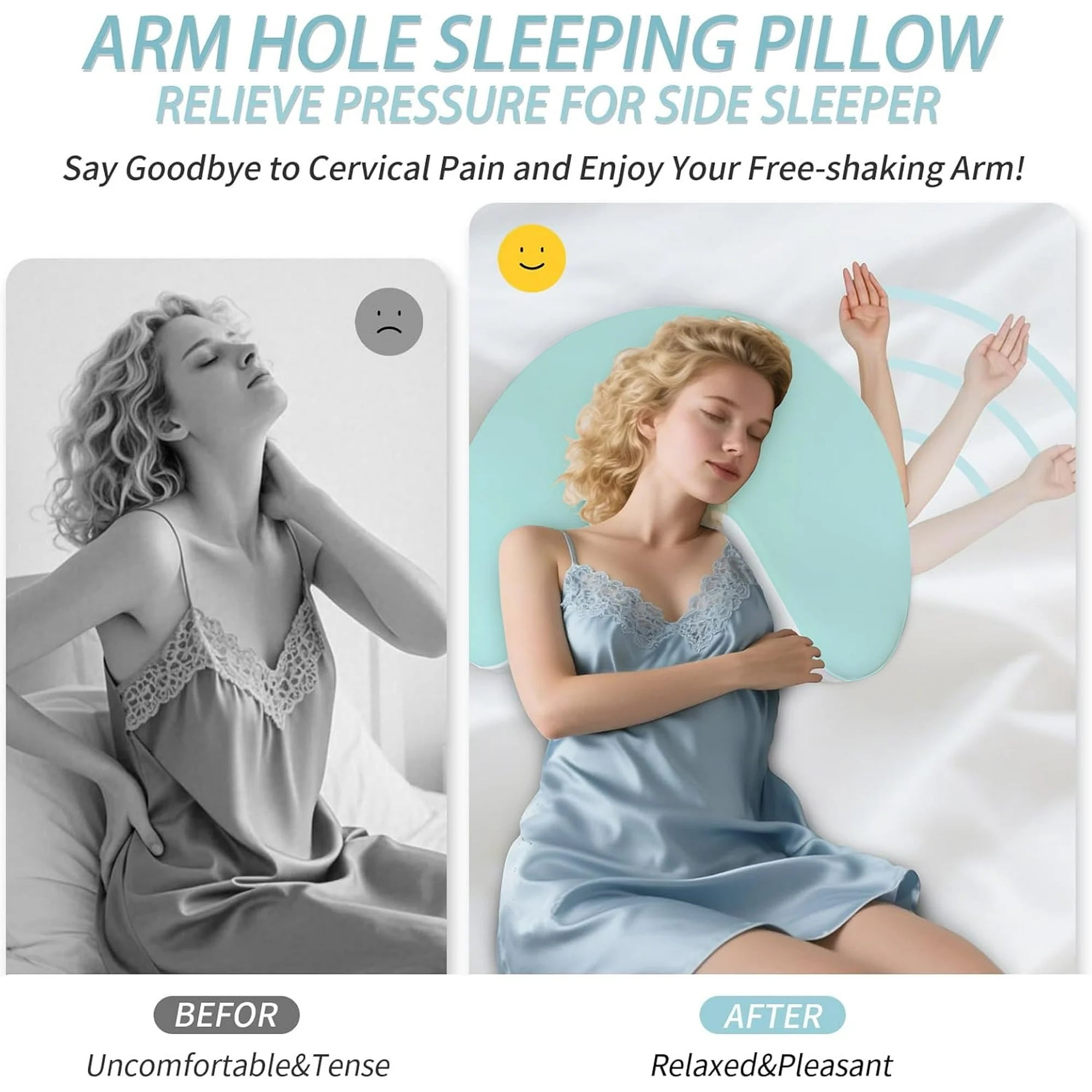 COOKCOK Side Sleeper Pillow with Arm Hole, 2PCS Pillowcase, Ergonomic Cooling Arm Pillow for Adults, Cervical, Neck, Shoulder, Rotator& Cuff, Ideal for Side Sleepers-Blue