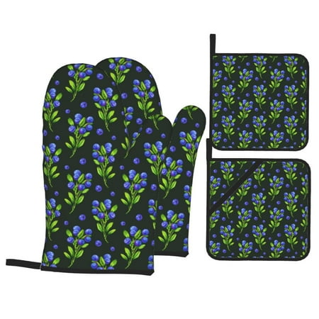 

Oven Mitts and Pot Holders Sets 4 pcs Blueberries Print black Non-Slip Oven Gloves Potholders Soft Quilted Lining Heat Resistant Gloves Hot Pads for Kitchen Cooking Baking