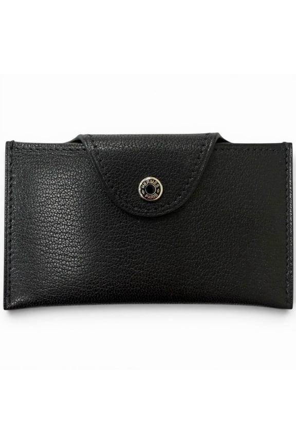 Pre-Owned HERMES Iliad Chevre Clou de Selle Leather Business Card Holder/Card Case, Black, K...
