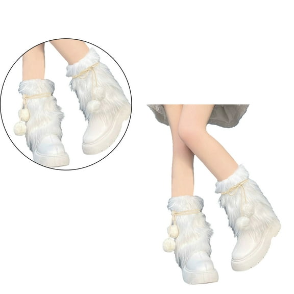 Women JK Gothic Fuzzy Leg Warmer Boot Cover Bowknot Leather Bandage Furry Plush Leggings Cover Socks Streetwear