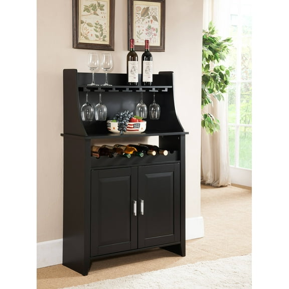 Bennett Wine Storage & Bar Cabinet with Glass Holders, Black Wood, Contemporary