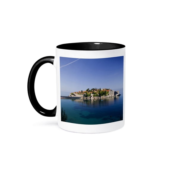 3dRose, Montenegro, Sveti Stefan, Coastal Resort Island - EU47 WBI0210 - Walter Bibikow, 11oz Two-Tone Black Mug