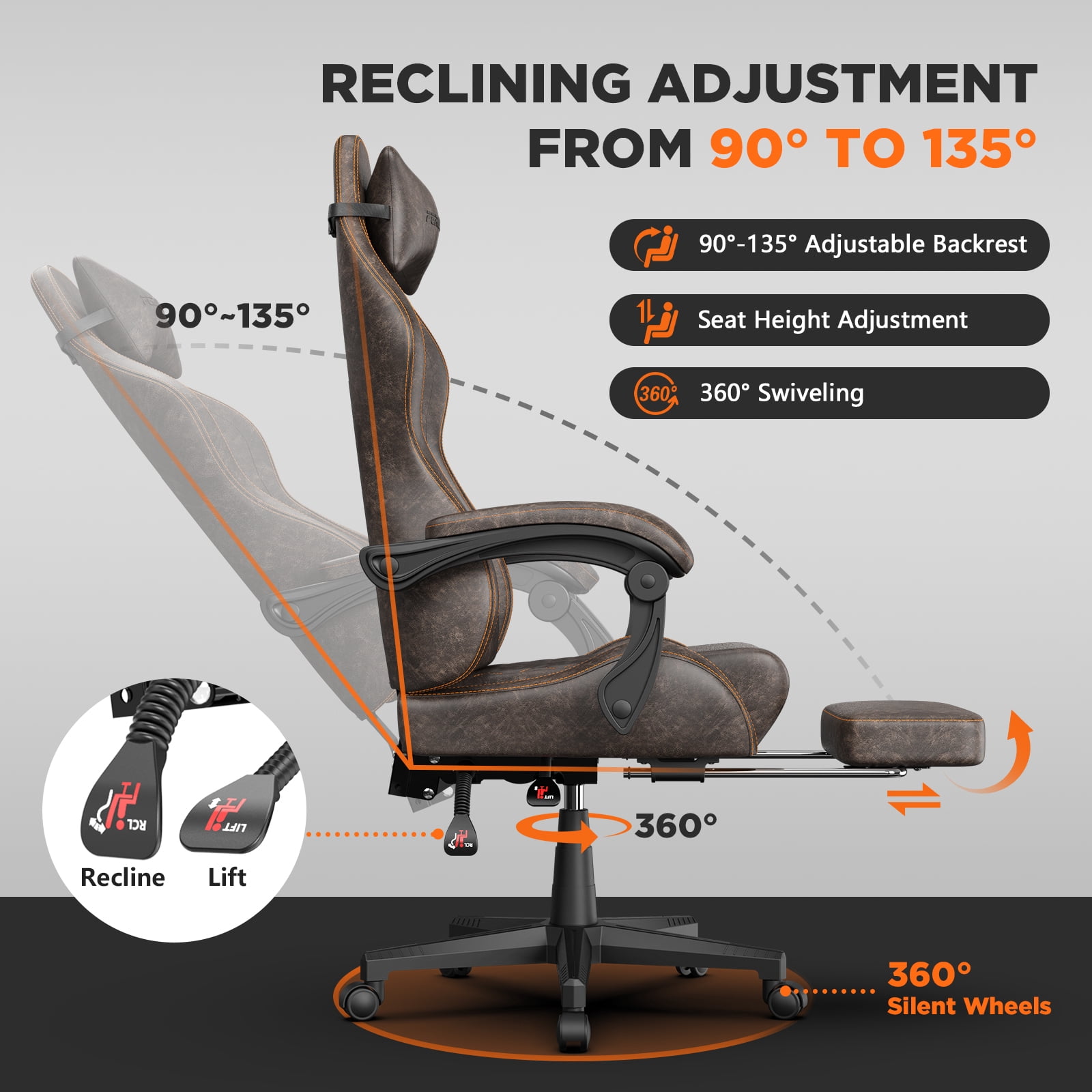 Luxvie Gaming Chair with Footrest Computer Ergonomic Office Chair with Massage Lumbar Support & Headrest, High Back Vintage Game Chair for Adults and Kids, Brown