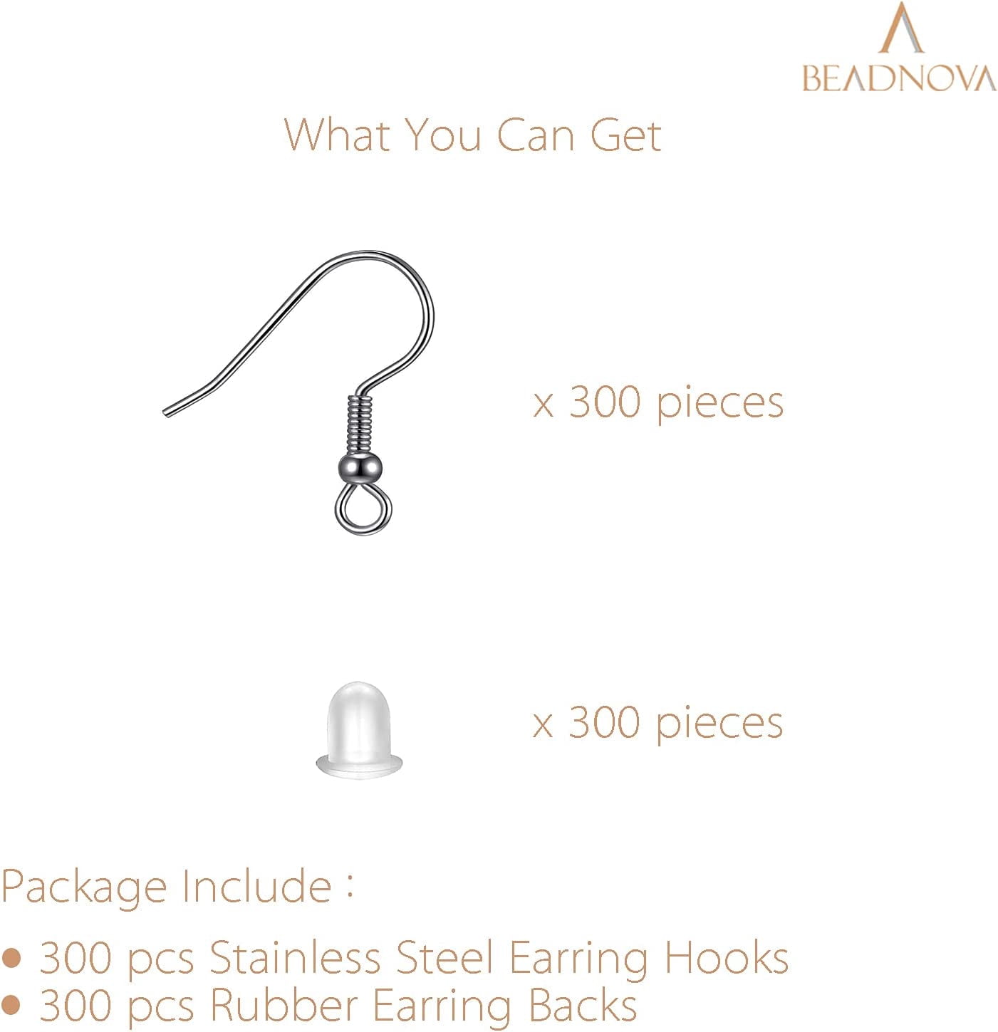 300pcs Stainless Steel Earring Hooks with Rubber Backs, Silver, Elegant, Polished, Hypoallergenic, DIY Ear Findings Supplies