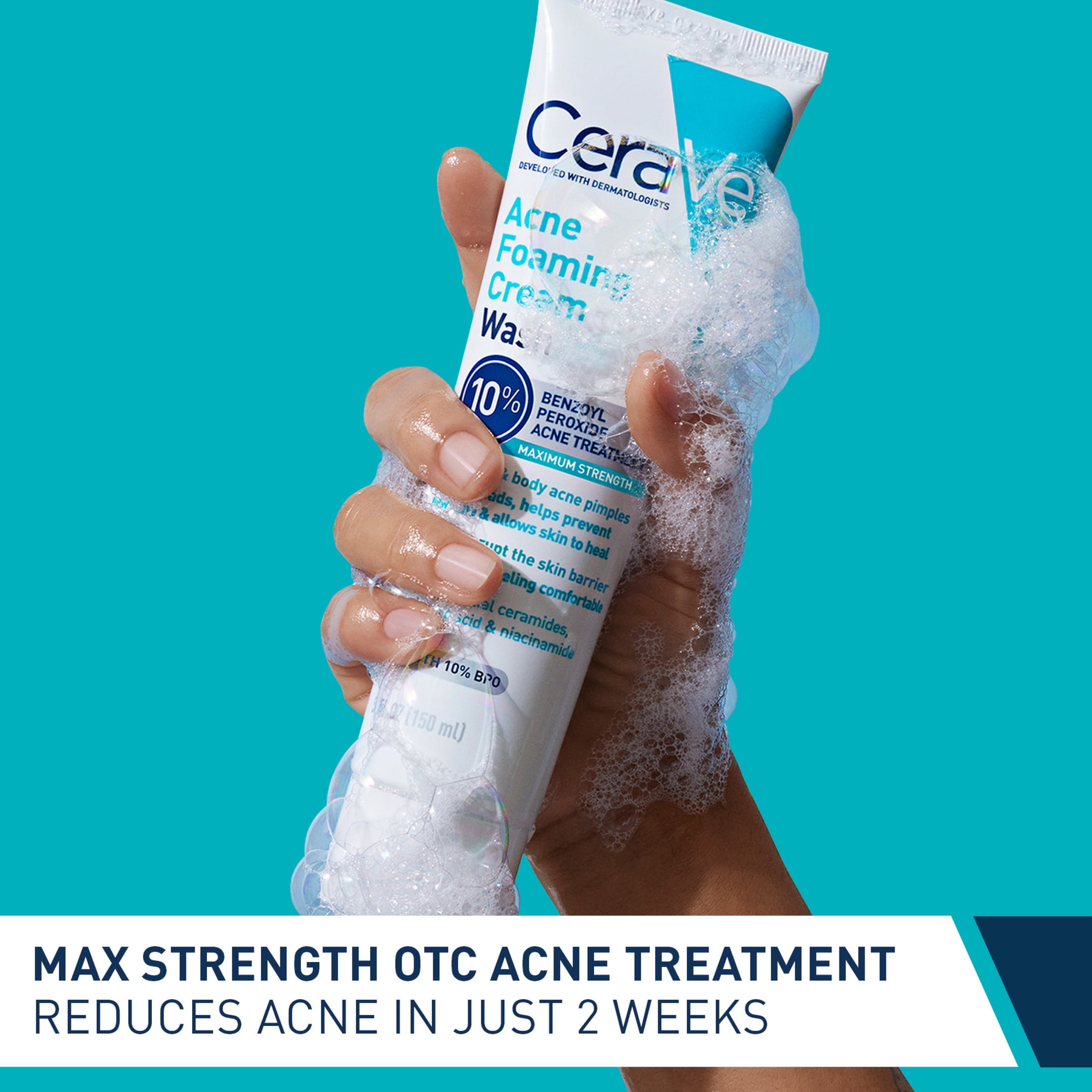 CeraVe Acne Foaming Cream Face Wash, 10% Benzoyl Peroxide Treatment, 5 fl oz