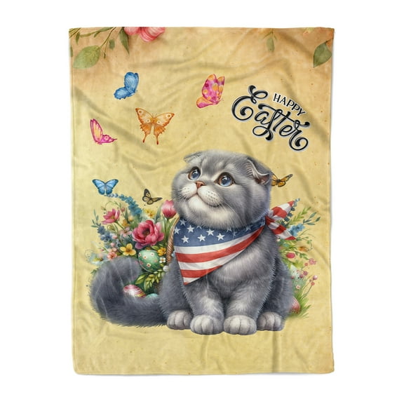 Scottish Fold Celebrates Spring and Enjoys a Happy Easter Cozy Fleece Blanket Cat Lover Kitten Owner Gifts Warm Soft Throw Blanket - 02001