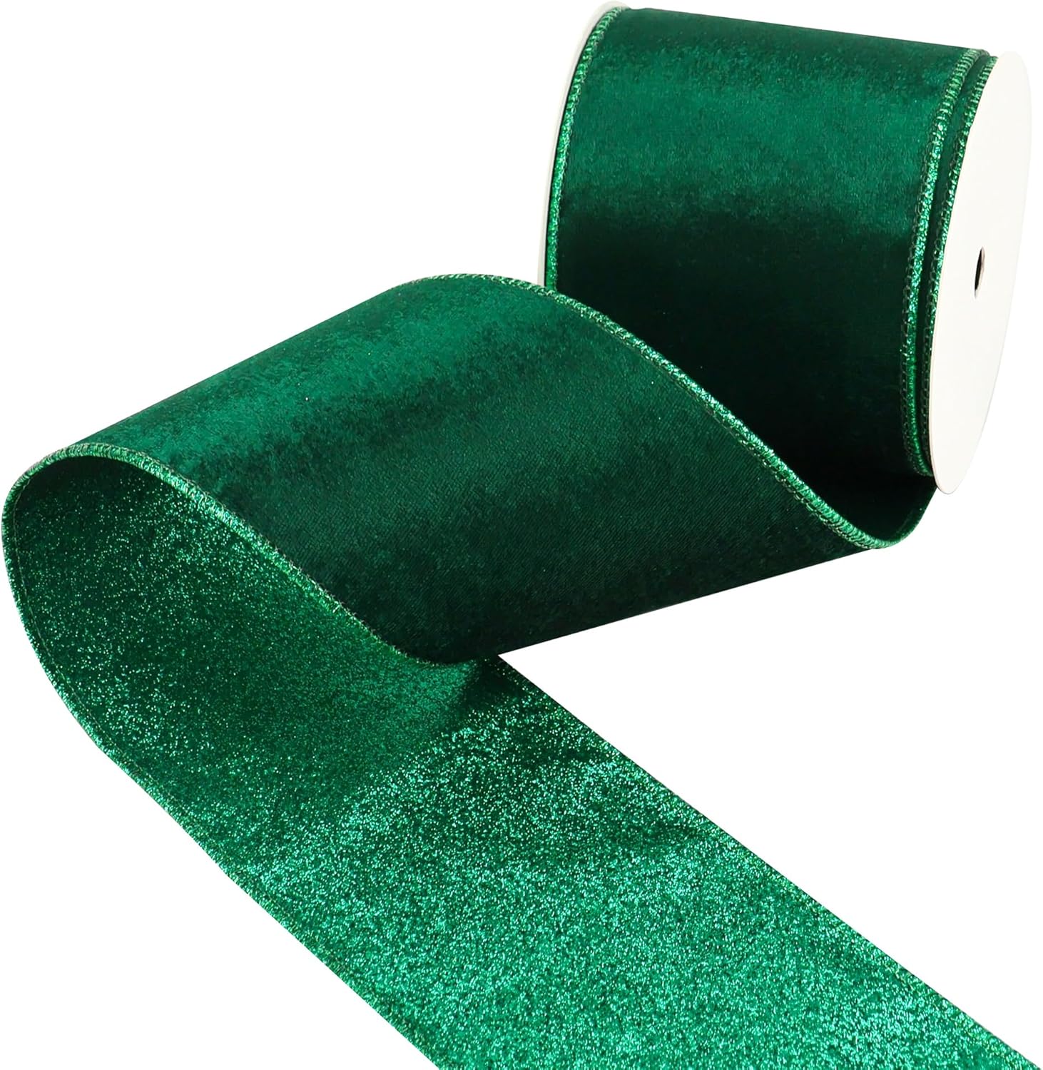Velvet Wired Ribbon 4 Inch Forest Green Christmas Tree Double-Sided Glitter Wire for Wreaths, Tree Top Bows, Garland, Staircases, Decor Crafts - 10 Yards