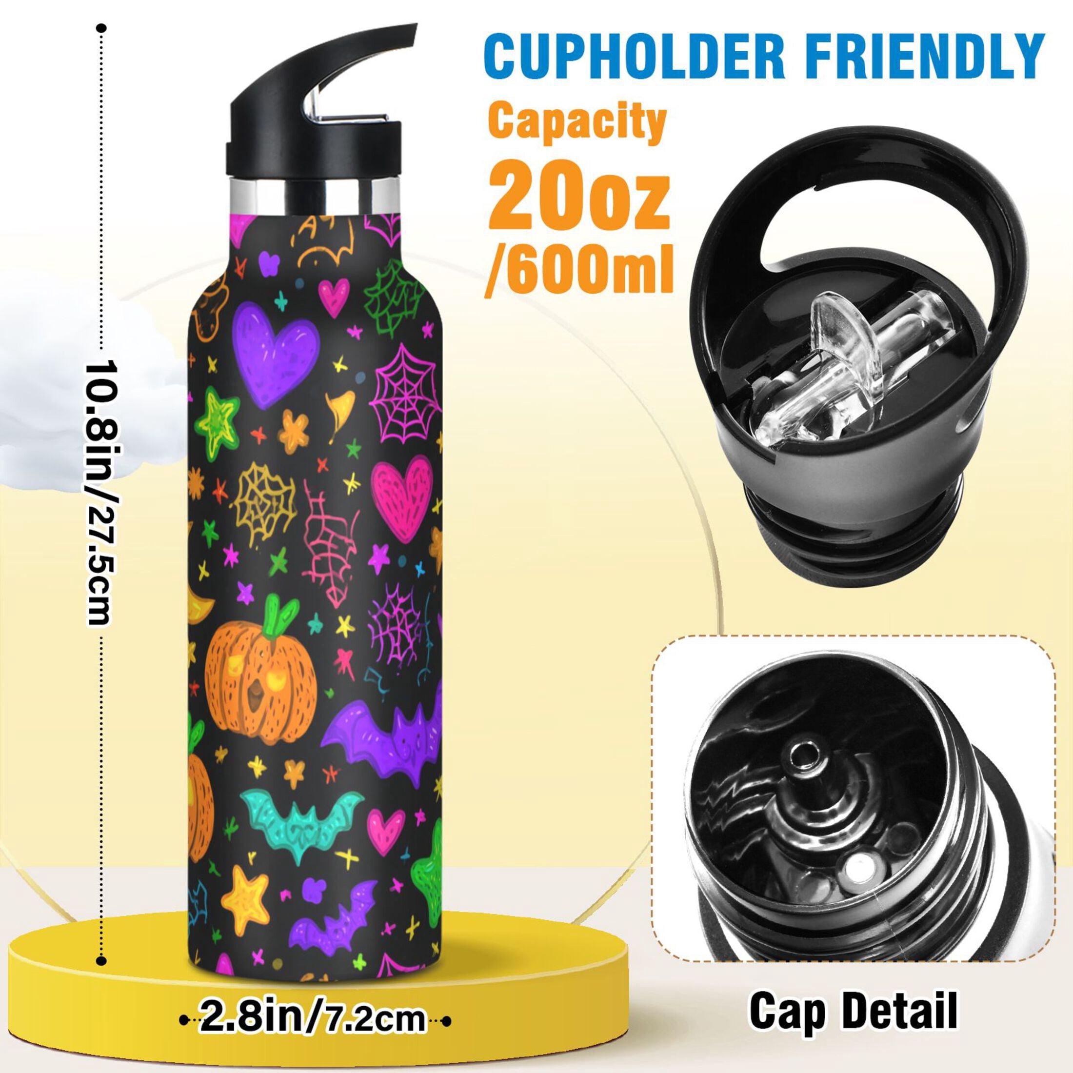 Kids Insulated Stainless Steel Sports Water Bottle 600ml (20oz) Colorful Cartoon Halloween Symbols